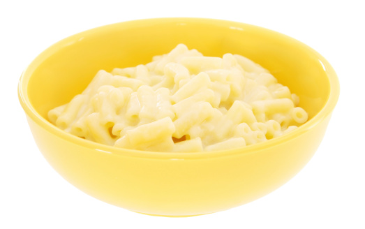 Yellow bowl filled with family favorite recipe - macaroni and cheese