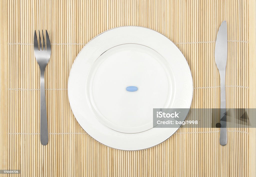 Diet concept, pills on plate with knife and fork Directly above view of dinner plate setting Backgrounds Stock Photo