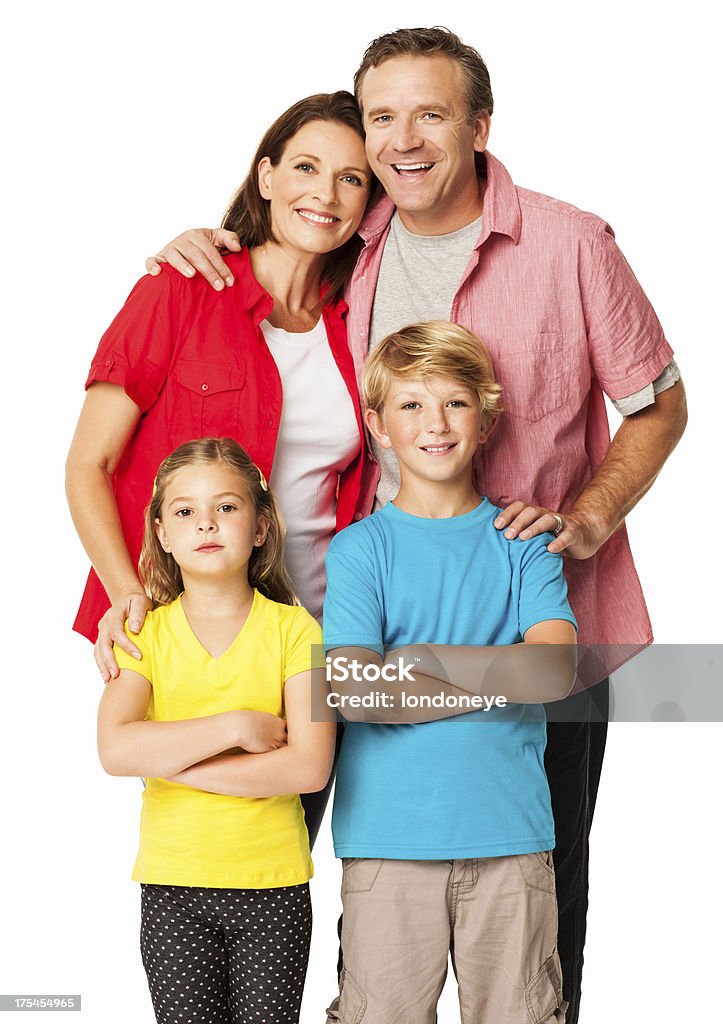 Happy Couple With Their Kids - Isolated Portrait of a loving family standing with their kids. Vertical Shot. Isolated on white. Family Stock Photo