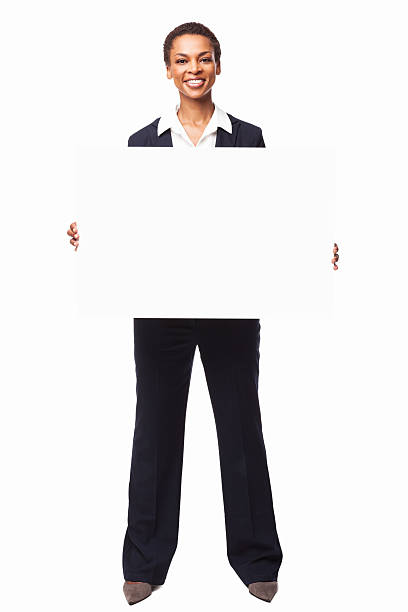 afroamericana empresaria sosteniendo un cartel en blanco placa aislado - black sign holding vertical fotografías e imágenes de stock