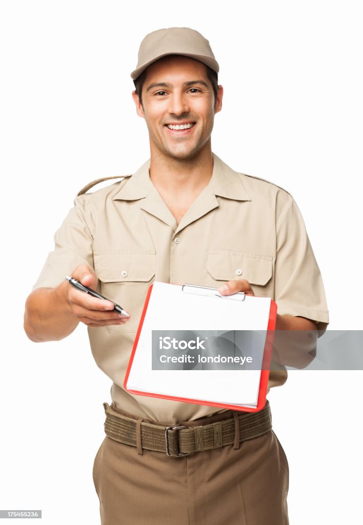 Deliveryman pedir sua assinatura-isolado - Foto de stock de Adulto royalty-free