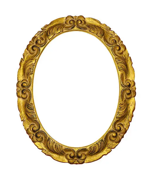 "Golden oval frame, isolated on white."