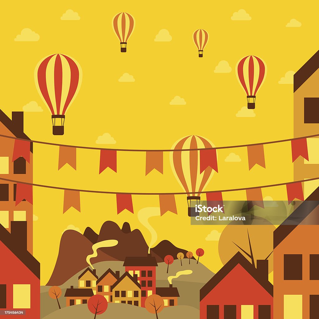 Autunno piccola città con aria palloncini - arte vettoriale royalty-free di Albero