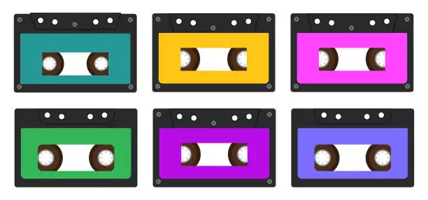 Vector illustration of Cassette tapes from the 90s. Old-fashioned objects. A set of bright cassettes isolated on a white background.