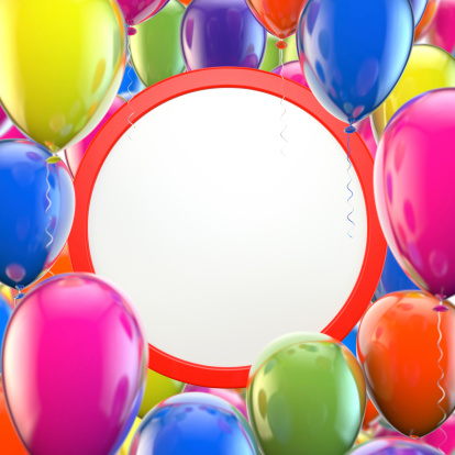 Round label for your text. Party balloons background.