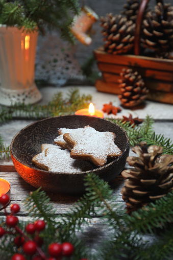 Christmas cinnamon cookies (spice-cake) and New Year's decoration. Rustic style