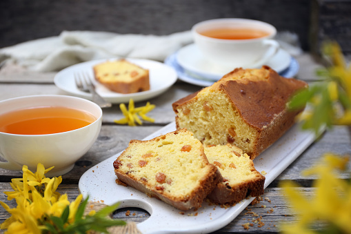 Summer dessert. Raisin cake, two cups of tea and bouquet of forsythia, rustic style on wooden background