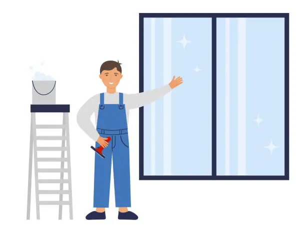 Vector illustration of A man in a blue uniform cleaned a window with a glass scraper and cleaning solution.