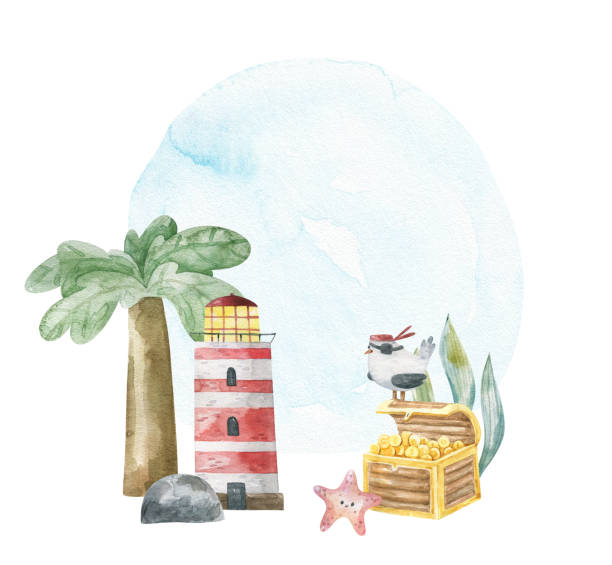 Sea composition with lighthouse, wooden box with treasure, palm and pirate seagull. Cute childish watercolor illustration. Poster, wall art, invitation, greeting card Sea composition with lighthouse, wooden box with treasure, palm and pirate seagull. Cute childish watercolor illustration. Poster, wall art, invitation, greeting card algue stock illustrations