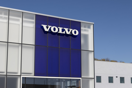 Indianapolis - October 22, 2023: Volvo car and SUV dealership. Volvo models include the C40 crossover, XC40 compact SUV, EX30, and EX90 electric vehicles.