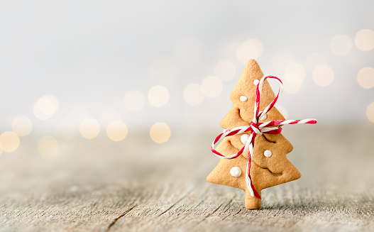 one gingerbread cookie in the shape of a Christmas tree tied with a bow on a wooden table