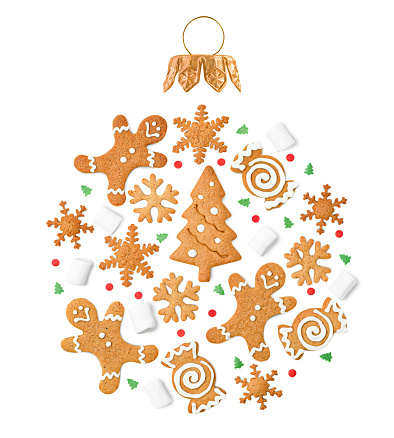 Christmas ornament consisting of cookies and marshmallows on a white isolated background. christmas concept