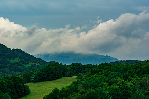 mountain landscape after heavy rain, juicy green color, healthy nature, the sky is still in clouds