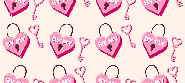 Seamless pattern with heart and key in retro cartoon style. Vector background for Valentine's Day.