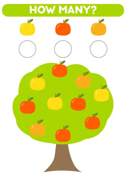 Vector illustration of Math game for kids. How many apples are there. Printable worksheets.