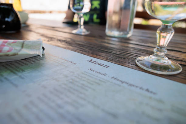 istock menu paper on a wooden set table, at lunch 1754628167