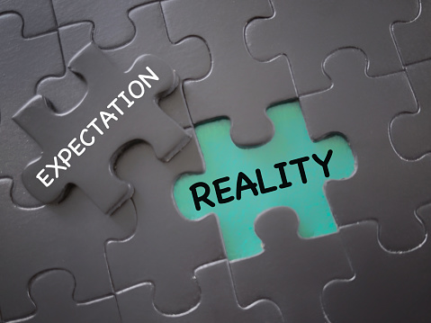 EXPECTATION and REALITY written on jigsaw puzzle pieces. With blurred styled background.