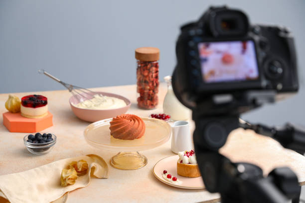 istock Professional equipment and composition with delicious dessert on beige table in studio. Food photography 1754648972