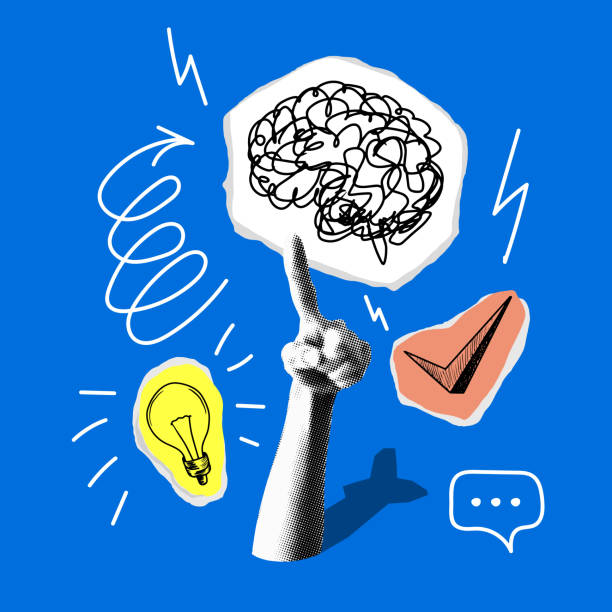 Education concept. Brainstorm Pop art style collage. Halftone hand with index finger. Brain, lamp bulb, check mark sketches. Cut out newspaper elements. Modern design element. Idea, inspiration, marketing concept. Contemporary art exam paper stock illustrations