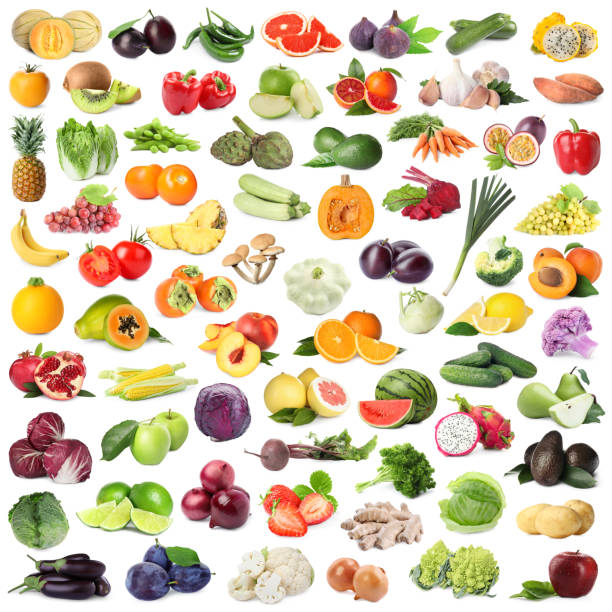 istock Many fresh fruits and vegetables on white background, collage design 1754649684