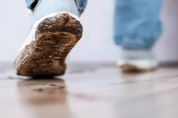 istock Mud footprint on white shoes and floor 1754651381