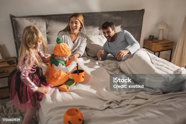 Halloween Morning Stock Photo - Download Image Now - Bed - Furniture, Pumpkin, 18-23 Months
