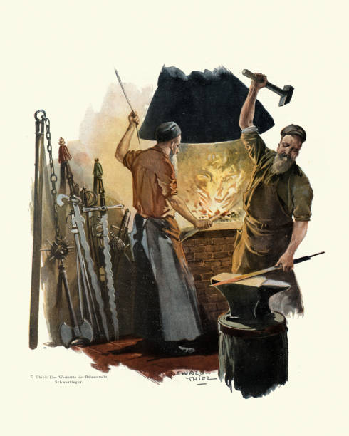 istock Bladesmith making swords and weapons in a forge, Hammer anvil, German, Victorian, 19th Century 1754652554