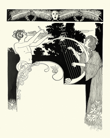 Vintage illustration of Mythical scene woman playing the harp conducted by the God Pan, Art Nouveau, 1890s