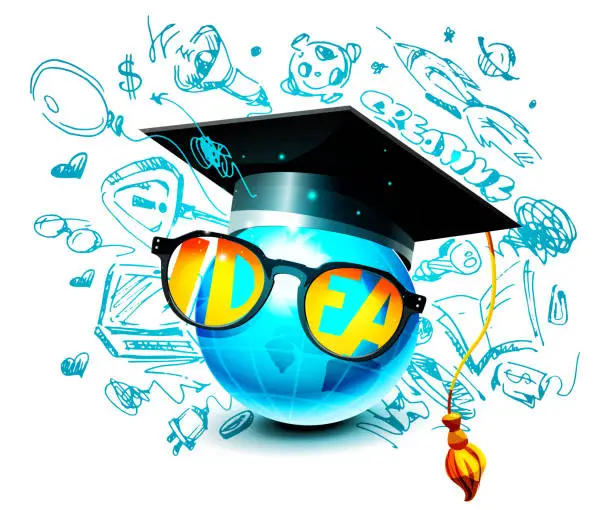 Vector illustration of Eureka and ideas concept in cartoon style. Anthropomorphic globe with glasses and graduate cap with creative hand drawings on a white background.