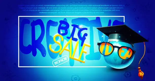 Vector illustration of E-commerce and ideas concept in cartoon style. Anthropomorphic globe with glasses and graduate cap with creative hand drawings on an abstract color background. Stylish web banner with place for text.