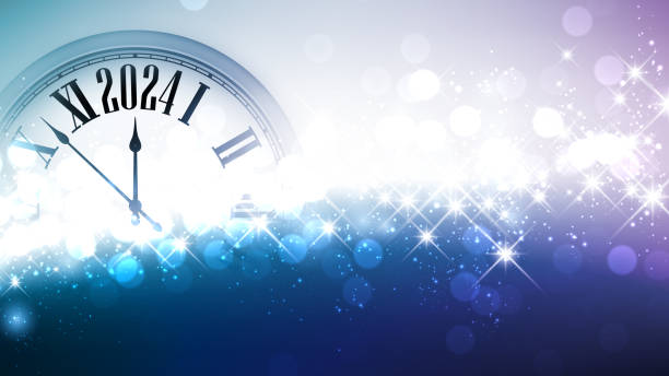 ilustrações de stock, clip art, desenhos animados e ícones de new year 2024 countdown clock over silver background with sparkles and defocused lights. blue place for text. - abstract backgrounds bow greeting card