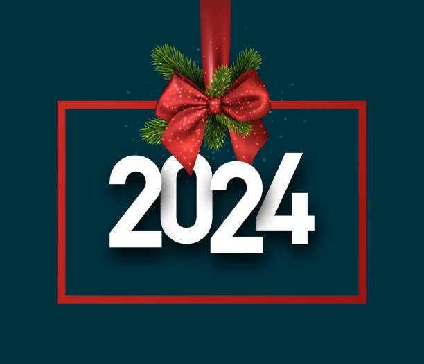 istock Red rectangular frame with satin ribbon and bow and green fir twigs with white paper 2024 lettering. 1754673024