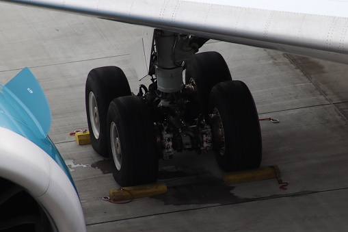 The plane wheels were photographed at Frankfurt Airport on Monday October 23rd, 2023. These are large wheels that support the aircraft