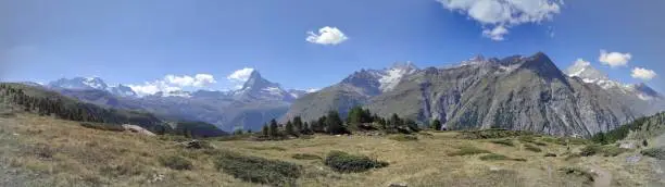 Panoramic view on Cervin and Alps, hiking above Zermatt, Valais, Suisse