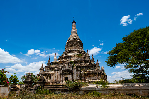 Exterior of a white pagoda in Bagan, Myanmar, Asia