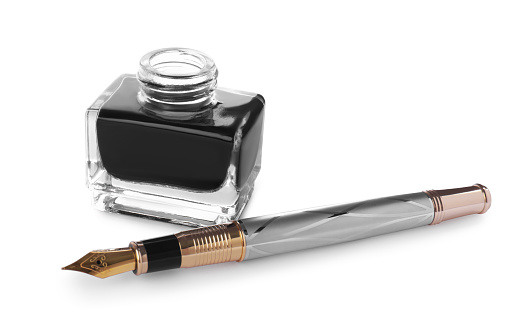 Stylish fountain pen and inkwell on white background