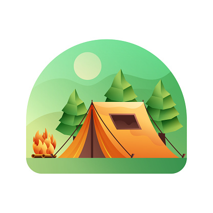 Vector Illustration of Camping and Outdoor Activity Illustration Design. Caravan, Fishing, Mountain, Forest, Hiking, Canoe, Camp Fire, Camping Mat, Camping Tent.