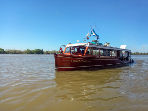 Escobar, Argentina - Sept 30, 2023: Closeup of a collective boat, traditional public passenger transport in the delta of the Paraná river, Buenos Aires province, Argentina. Copy space
