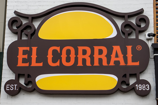 Bogota, Colombia - 20 October 2023. Hamburguesas El Corral logo, a hamburguers Colombian brand, at the entrance of a local in Bogota