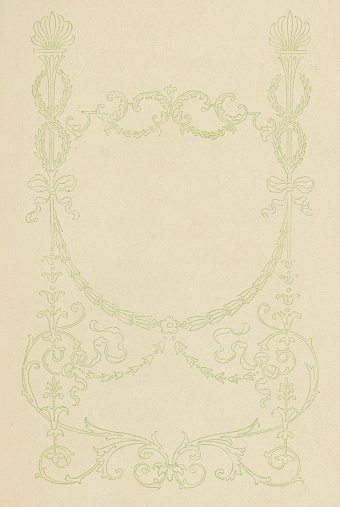 Close up of antique paper texture with Art Nouveau pattern border full frame.