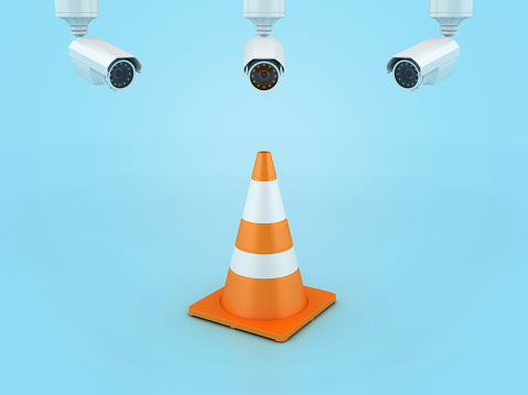 Traffic Cone with Camera Security - Color Background - 3D rendering