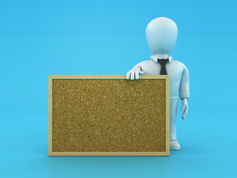 Cartoon Business Character with Corkboard Frame  - Color Background - 3D Rendering