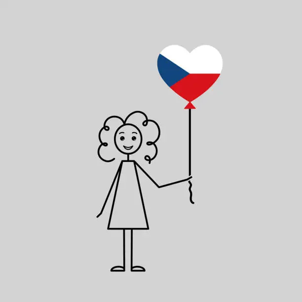 Vector illustration of hand drawn czech girl, love Czech Republic sketch, female chatacter with a heart shaped balloon, black line vector illustration