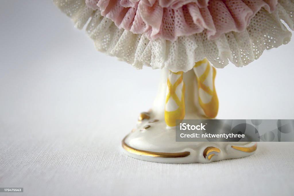 Ballerina shoes Vintage charm -- beautiful porcelain statuette close up of ballerina feet wearing her pointe ballet flats and delicate lace pink and white dress Adult Stock Photo