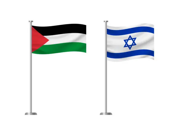 Vector illustration of Palestine and Israel waving flags on pole. Vector