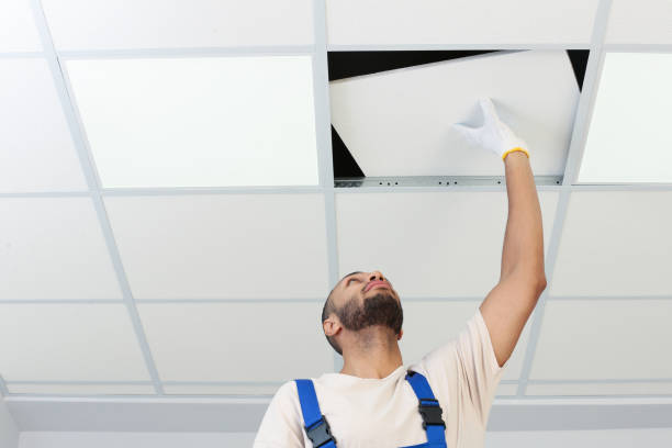 istock Electrician repairing ceiling light indoors, low angle view 1754782243