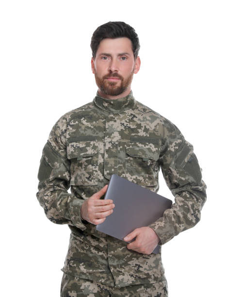 istock Soldier with laptop on white background. Military service 1754782318