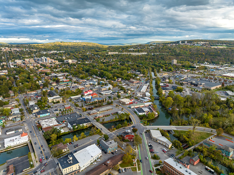 Early afternoon autumn aerial photo view of Ithaca New York.