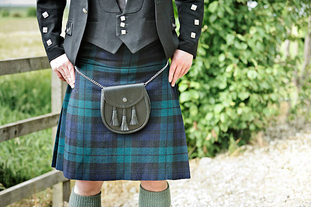 kilt, sporran and highlander jacket Mid-section of traditional Scottish man's outfit kilt stock pictures, royalty-free photos & images