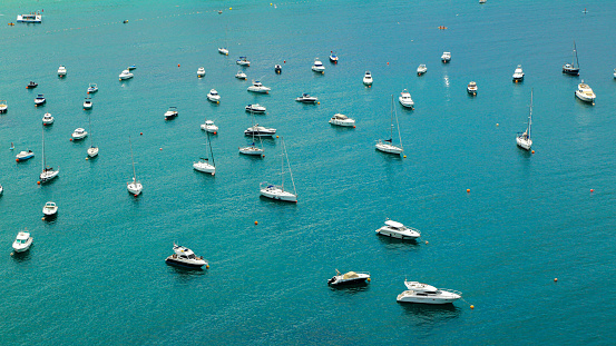 Boats sit in Bahia de la Concha in Donostia-San Sebastian